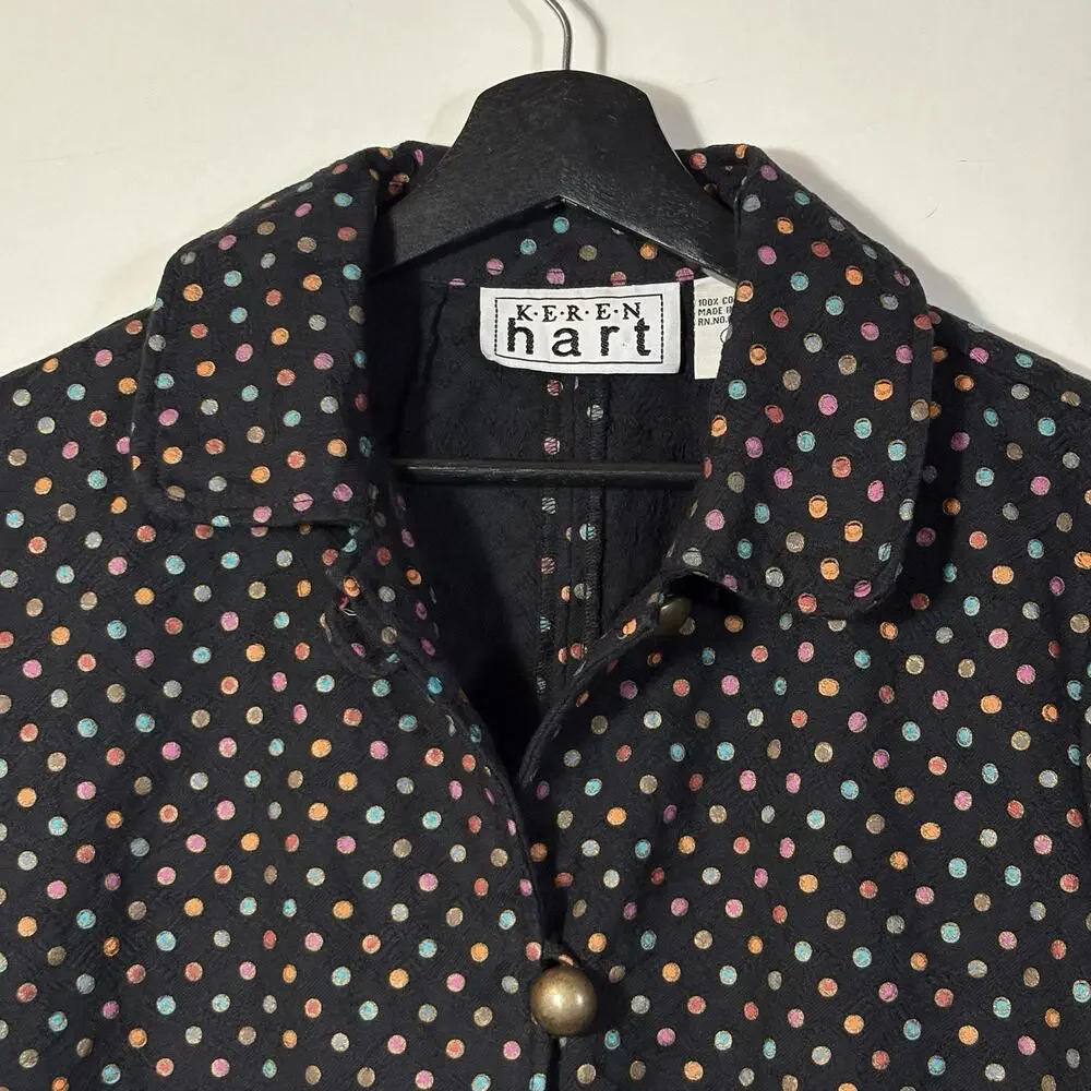 Polka Dot Jacket Black Cotton Vintage Keren Hart Medium Jewel Tone Pockets
